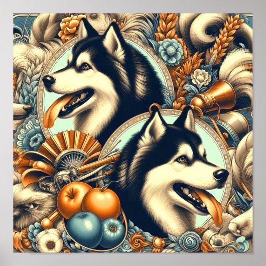 Retro Siberische Husky Illustratie Poster (Voorkant)