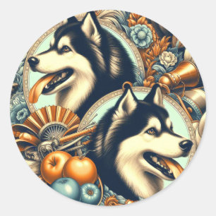 Retro Siberische Husky Illustratie Ronde Sticker