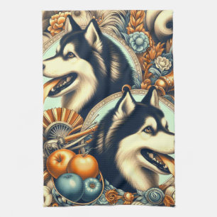 Retro Siberische Husky Illustratie Theedoek