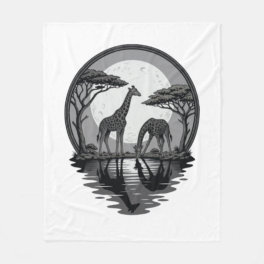 Retro Silhouet Giraffe Maan Safari Vectorontwerp Fleece Deken (Voorkant)