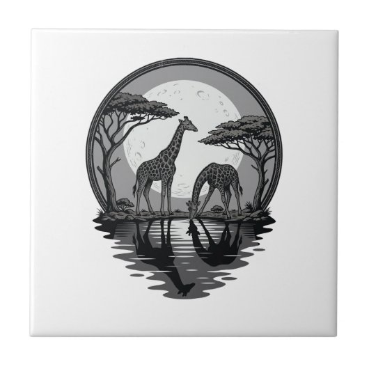 Retro Silhouet van Giraffe Maan Safari Vectorontwe Tegeltje (Voorkant)