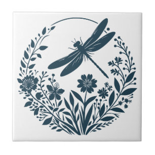 Retro Silhouette Dragonfly met bloemen Tegeltje