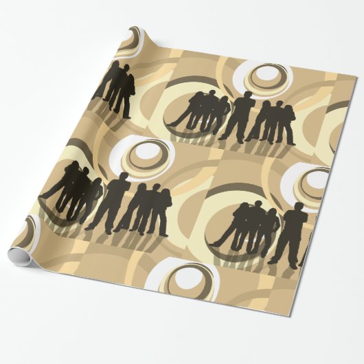 Retro Silhouette Mensen met Abstracte Cirkels Cadeaupapier (Uitgerold)