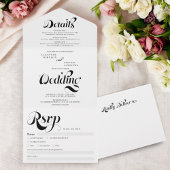 Retro simple black white script chic wedding all in one uitnodiging