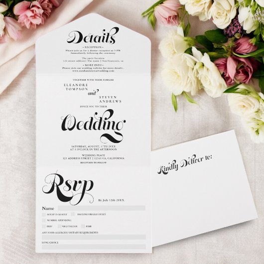 Retro simple black white script chic wedding all in one uitnodiging