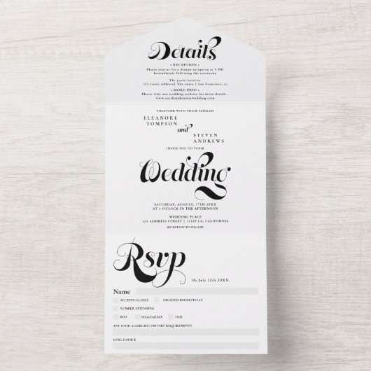 Retro simple black white script chic wedding all in one uitnodiging (Binnen)