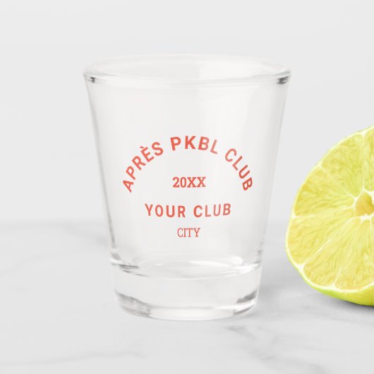 Retro Sinaasappel Après PKBL Club Crest Pickleball Shot Glas (Voorkant)
