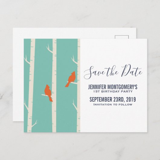 Retro Sinaasappel Birds on Birch Trees Save the Da Briefkaart (Voorkant / Achterkant)