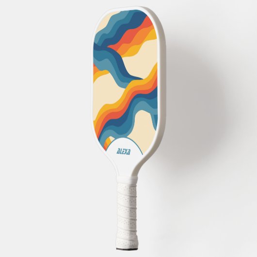 Retro Sinaasappel & Blauw 70s Stripes & 90s Squigg Pickleball Paddle (Links)