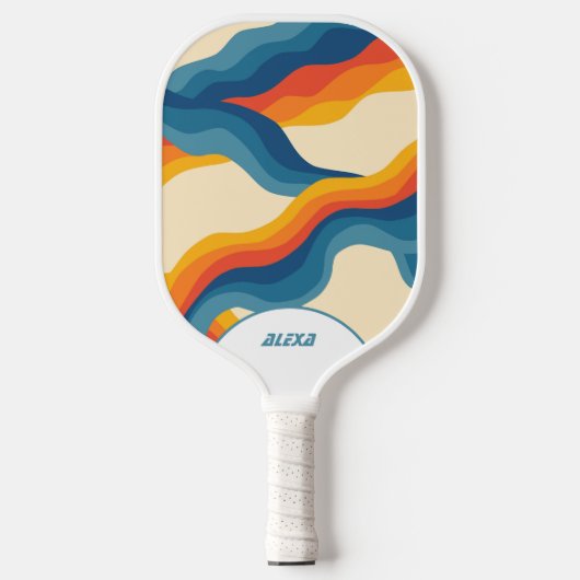 Retro Sinaasappel & Blauw 70s Stripes & 90s Squigg Pickleball Paddle (Voorkant)