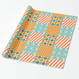 Retro Sinaasappel Blauw Mosterd Geel Patchwork Pat Cadeaupapier