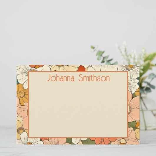 Retro Sinaasappel Bloemen 5.5x8.5 Horizontale Stat Briefpapier (Staand voorkant)