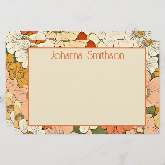 Retro Sinaasappel Bloemen 5.5x8.5 Horizontale Stat Briefpapier (Voorkant / Achterkant)