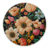 Retro sinaasappel bloemen blauwgroen tulpen mama m keramische knop (Voorkant)