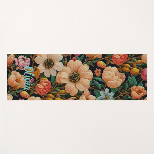 Retro sinaasappel bloemen blauwgroen tulpen mama m yogamat (Voorkant (horizontaal))