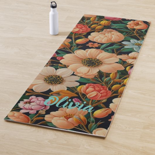 Retro sinaasappel bloemen blauwgroen tulpen mama m yogamat (In situ)