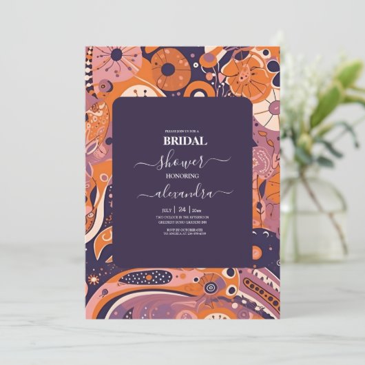 Retro sinaasappel blush roze paarse groovy bruids kaart (Staand voorkant)