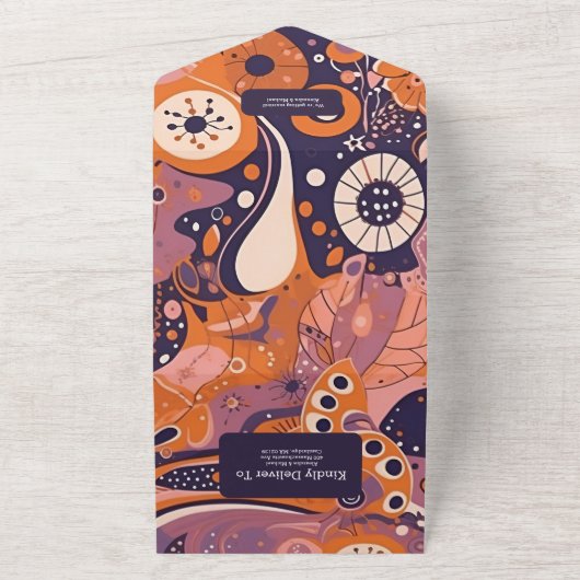 Retro sinaasappel blush roze paarse groovy bruilof all in one uitnodiging (Buitenkant)