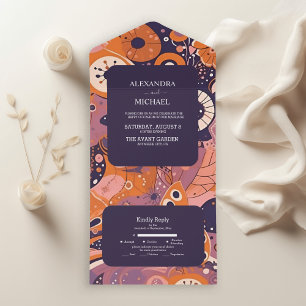 Retro sinaasappel blush roze paarse groovy bruilof all in one uitnodiging