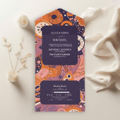 Retro sinaasappel blush roze paarse groovy bruilof all in one uitnodiging