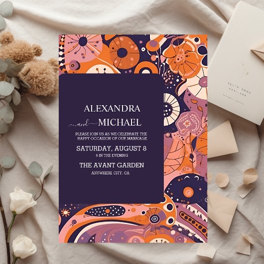 Retro sinaasappel blush roze paarse groovy bruilof kaart