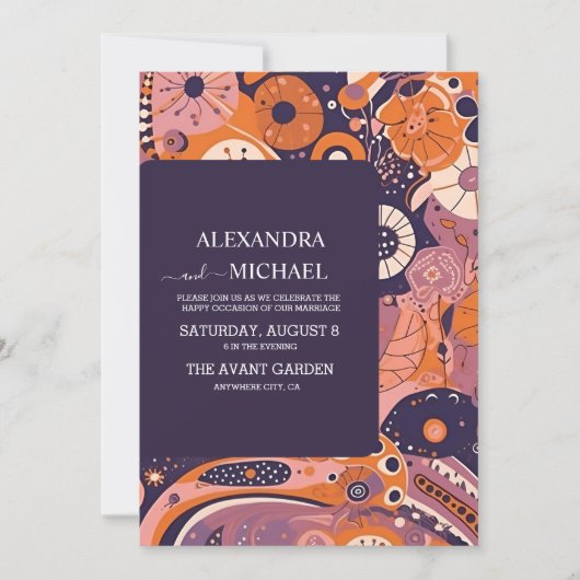 Retro sinaasappel blush roze paarse groovy bruilof kaart (Voorkant)