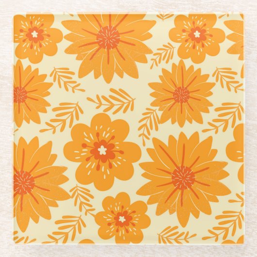Retro  Sinaasappel Botanische Bloempatroon Herfst Glazen Onderzetter (Voorkant)