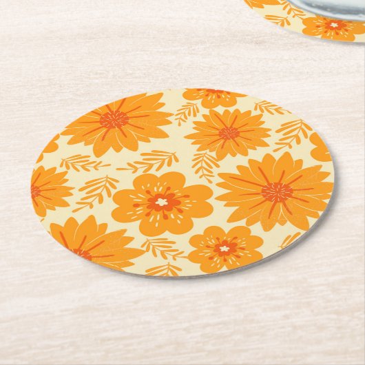 Retro  Sinaasappel Botanische Bloempatroon Herfst Ronde Kartonnen Onderzetter (Gebogen)