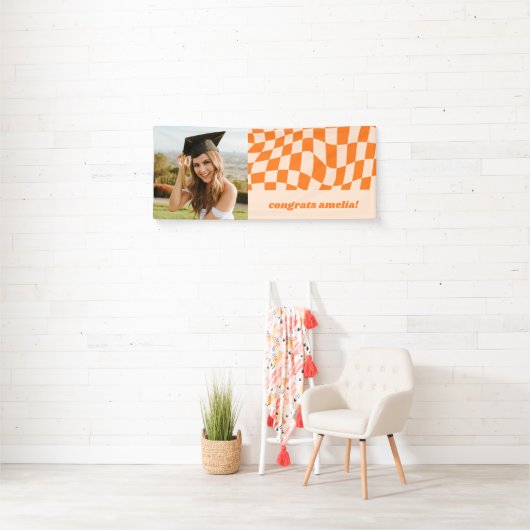 Retro Sinaasappel Checkerboard Afstuderen Photo Co Spandoek (Insitu)