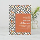 Retro Sinaasappel Checkerboard Mushroom Vrijgezell Kaart (Staand voorkant)