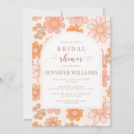 Retro Sinaasappel Daisy Floral Boho Arch Vrijgezel Kaart (Voorkant)