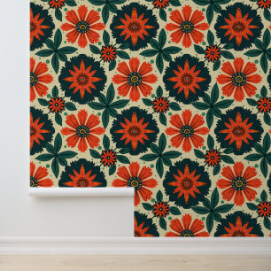 Retro Sinaasappel Daisy Pattern -  Botanisch Behang