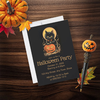 Retro Sinaasappel en Black Cat Halloween Uitnodigi Kaart