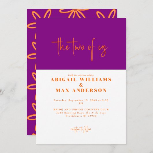 Retro Sinaasappel en Paarse The Two of Us Bruiloft Kaart (Voorkant / Achterkant)
