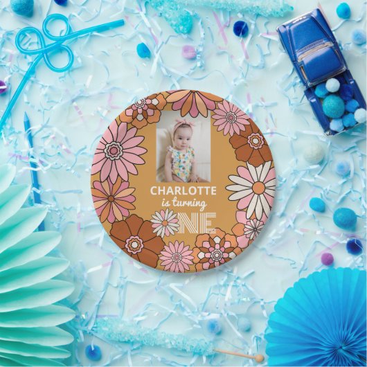 Retro Sinaasappel en roze Daisy eerste verjaardag Papieren Bordje (Feest)