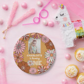 Retro Sinaasappel en roze Daisy eerste verjaardag Papieren Bordje (Feest)