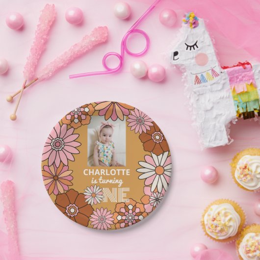 Retro Sinaasappel en roze Daisy eerste verjaardag Papieren Bordje (Feest)