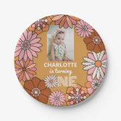 Retro Sinaasappel en roze Daisy eerste verjaardag Papieren Bordje (Voorkant)