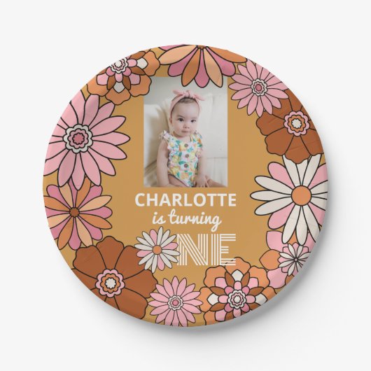 Retro Sinaasappel en roze Daisy eerste verjaardag Papieren Bordje (Voorkant)