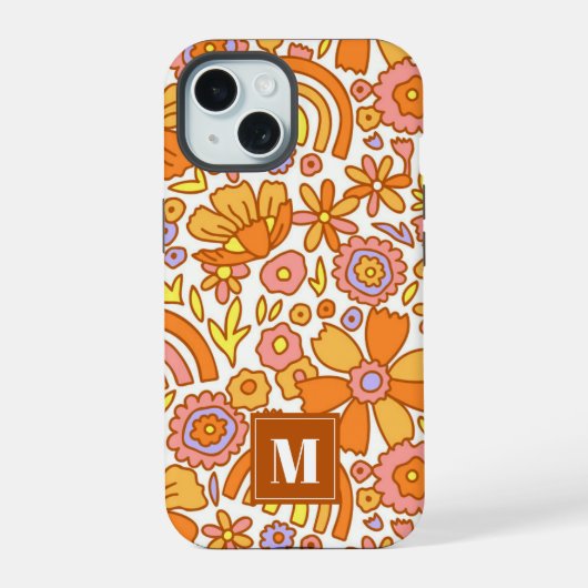 Retro Sinaasappel Flowers iPhone Case iPhone 15 Case (Achterkant)