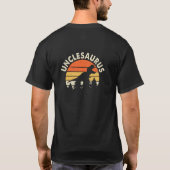 Retro sinaasappel gele strepen unclesaurus typogra t-shirt (Achterkant)