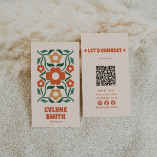 Retro Sinaasappel Groen QR Code Groovy Floral Boho Visitekaartje