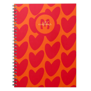 Retro Sinaasappel Groovy Red Hearts Naam Over Mono Notitieboek