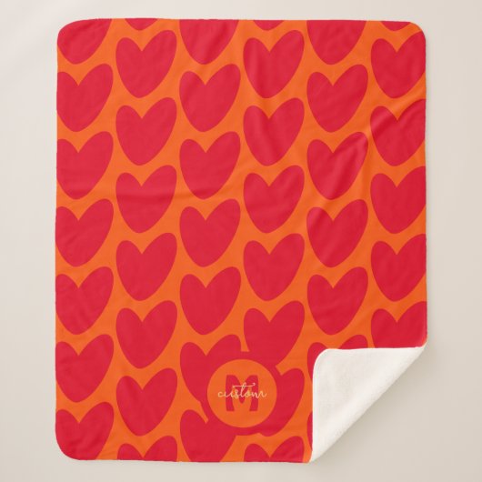 Retro Sinaasappel Groovy Red Hearts Naam Over Mono Sherpa Deken (Voorkant)