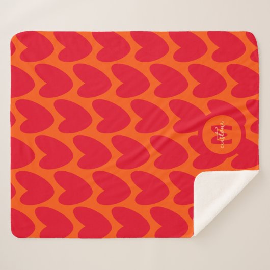 Retro Sinaasappel Groovy Red Hearts Naam Over Mono Sherpa Deken (Voorkant (horizontaal))