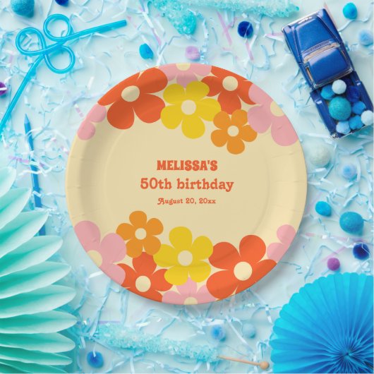 Retro Sinaasappel Kleurrijke Boho Flower 50e Verja Papieren Bordje (Feest)
