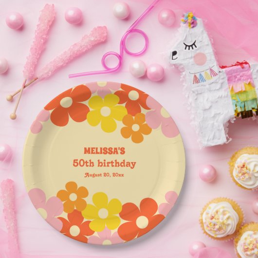 Retro Sinaasappel Kleurrijke Boho Flower 50e Verja Papieren Bordje (Feest)