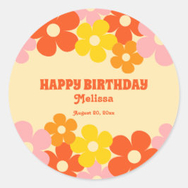 Retro Sinaasappel Kleurrijke Boho Flower Happy Bir Ronde Sticker