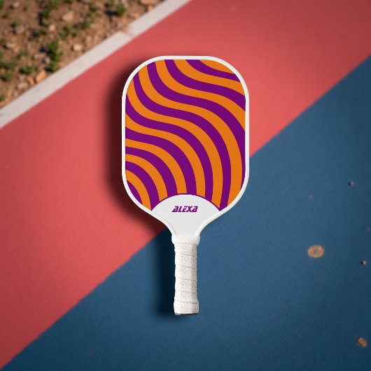 Retro Sinaasappel & Paarse 70s Stripes & 90s Squig Pickleball Paddle