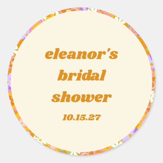 Retro Sinaasappel Paarse Bloemen Custom Vrijgezell Ronde Sticker (Voorkant)